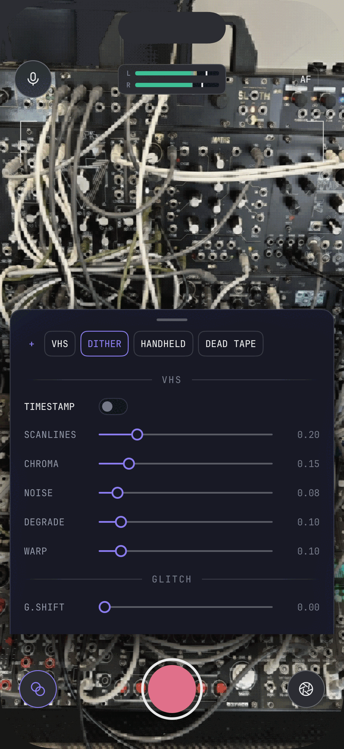 DVC Cam's effect panel: VHS, glitch, colour and dither controls above a strip of saved presets, over a dithered viewfinder