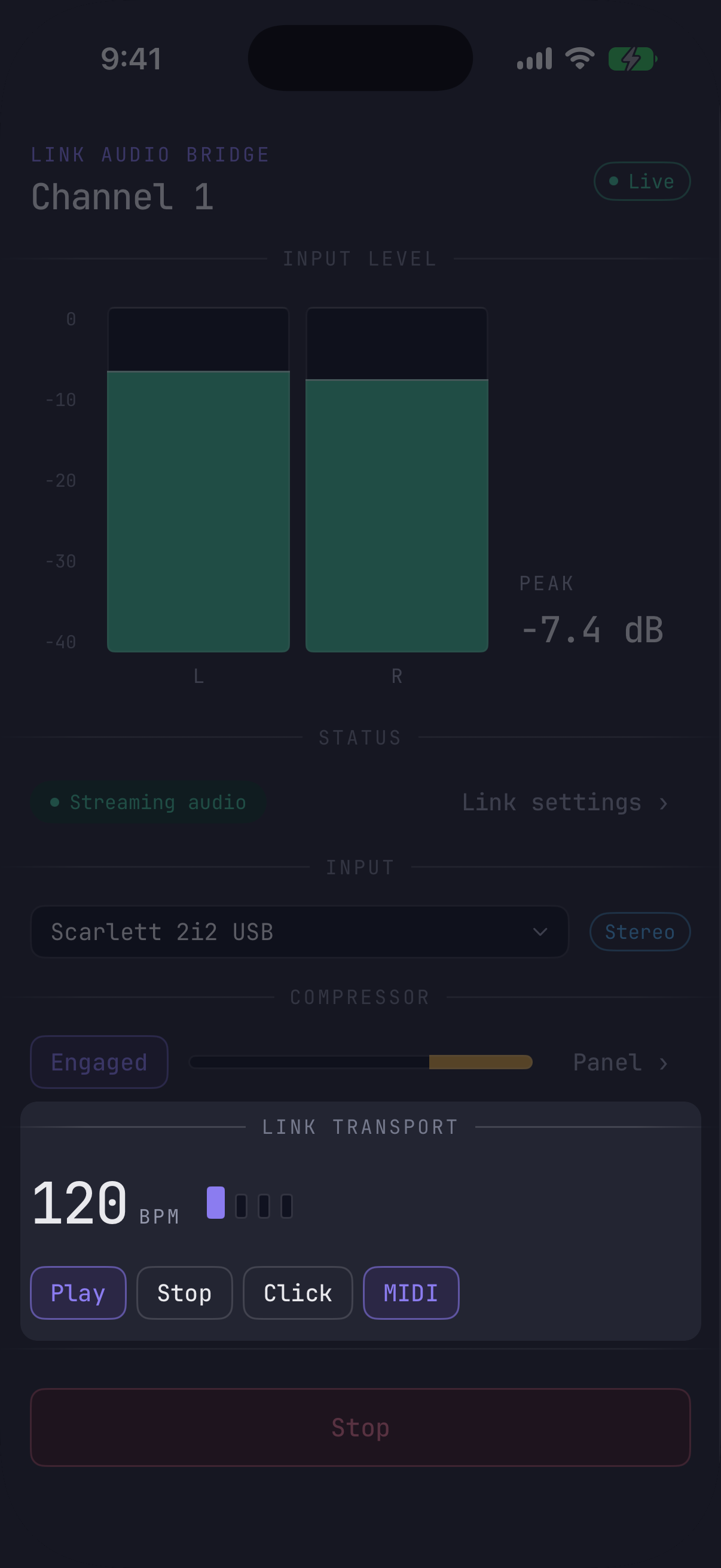 Link transport at 120 BPM with play, stop, click and MIDI