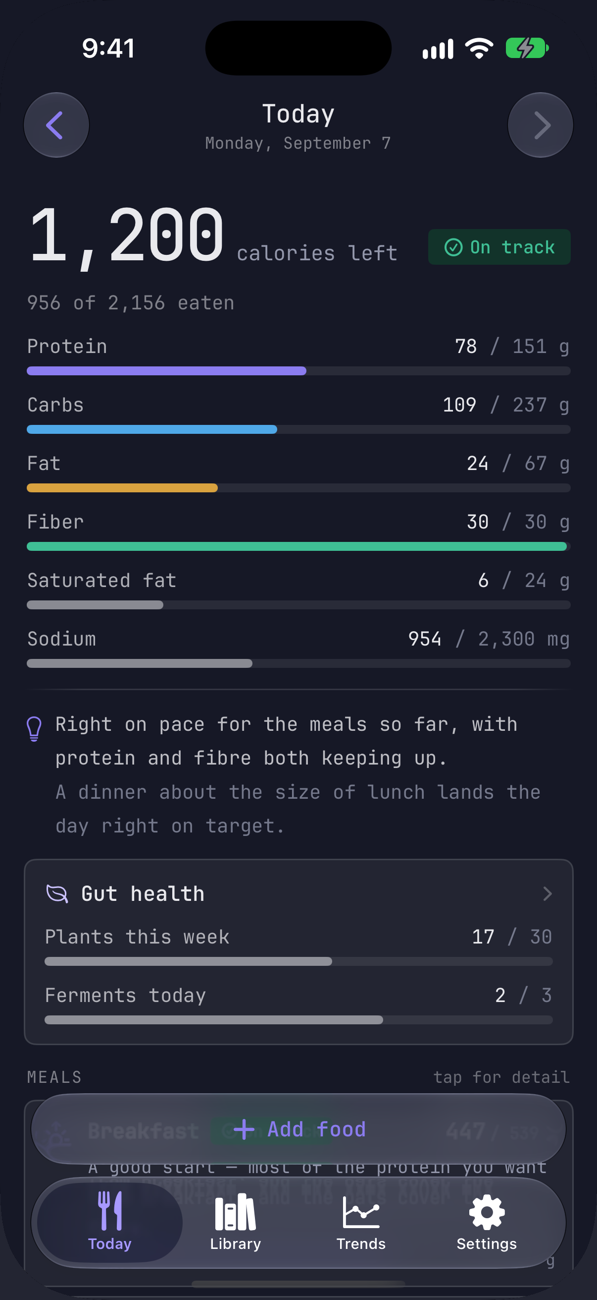 Macrobyte Today screen with the gut health card: 17 of 30 plants this week and 2 of 3 ferments today