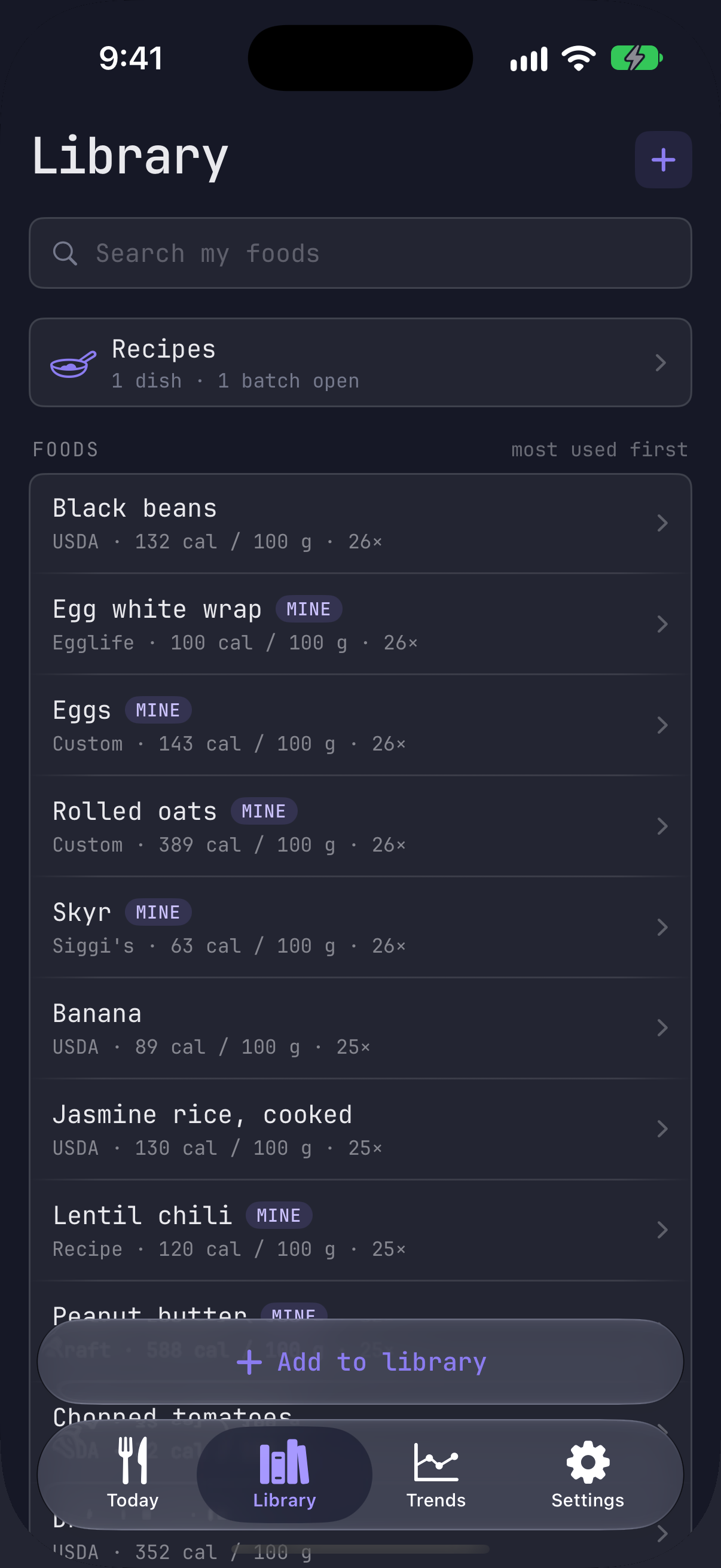 Macrobyte library screen listing your foods, most used first