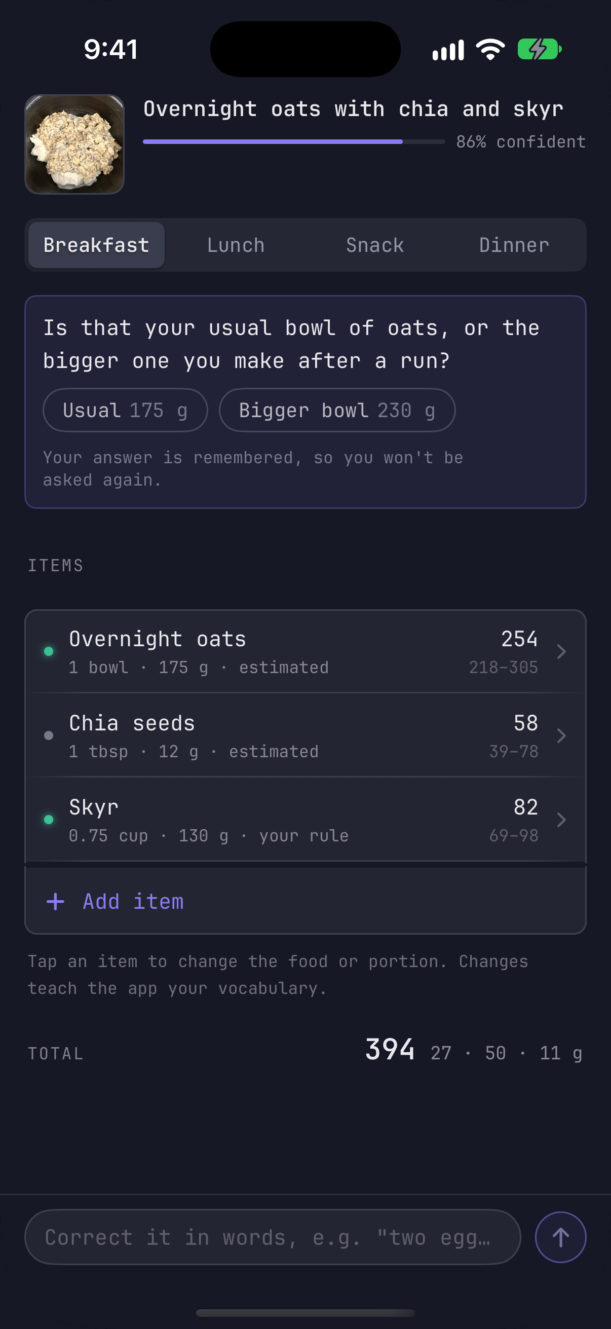 Macrobyte review screen: overnight oats with chia and skyr, 86% confident, asking whether it's the usual bowl or the bigger one