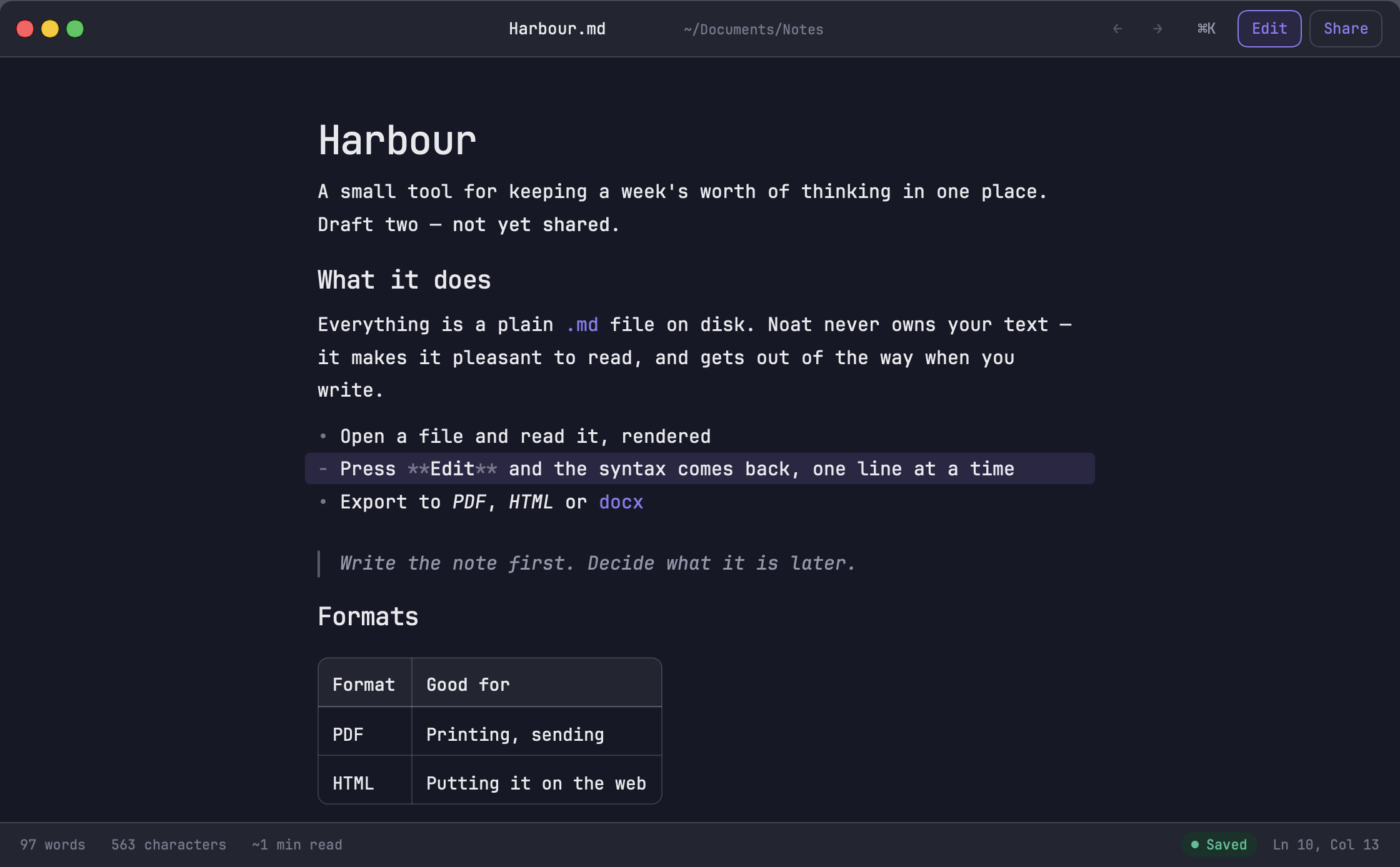 Editing in Noat: the current line shows its markdown, every other line stays rendered