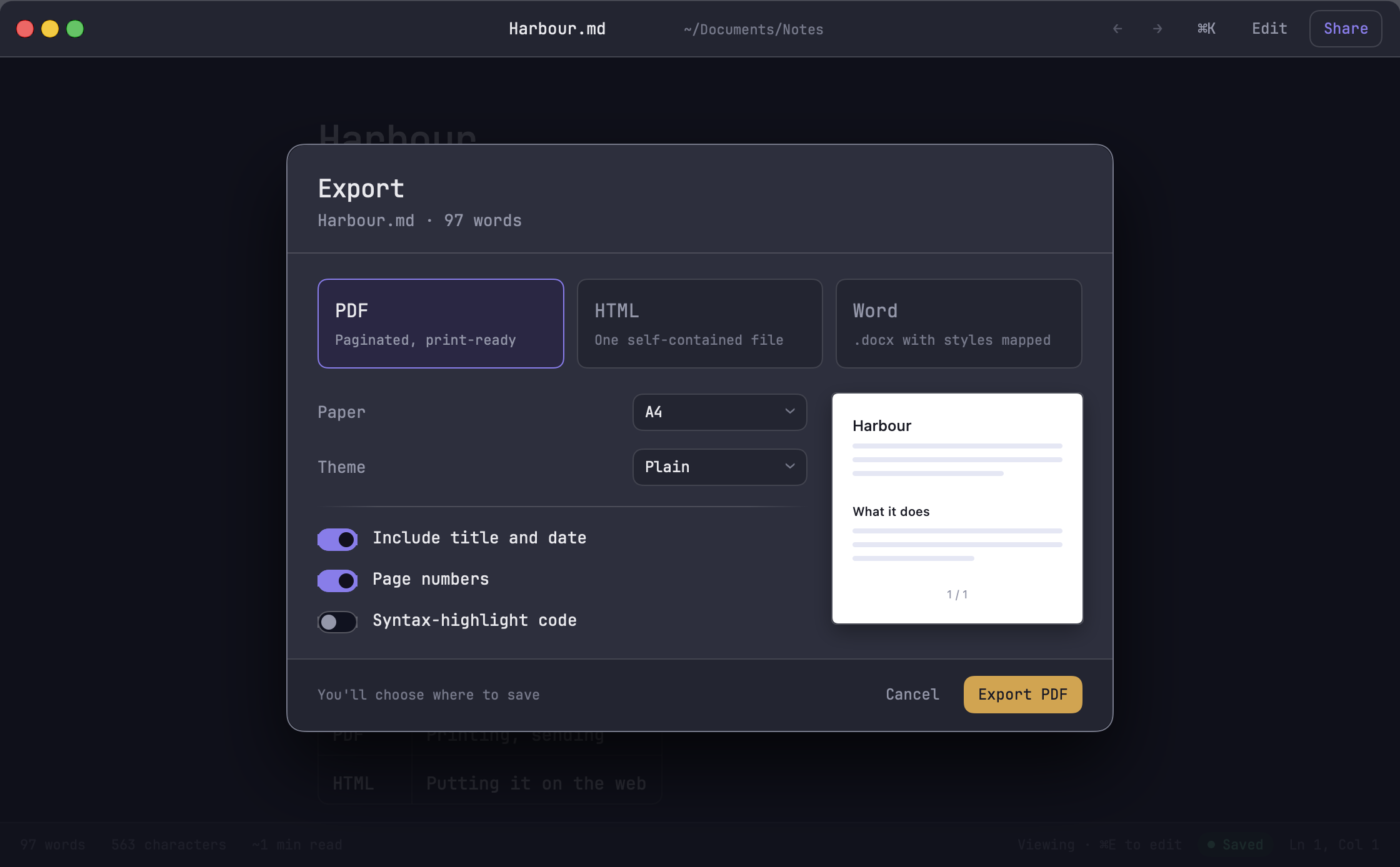 Noat's export dialog with PDF selected, paper and theme options and a page preview
