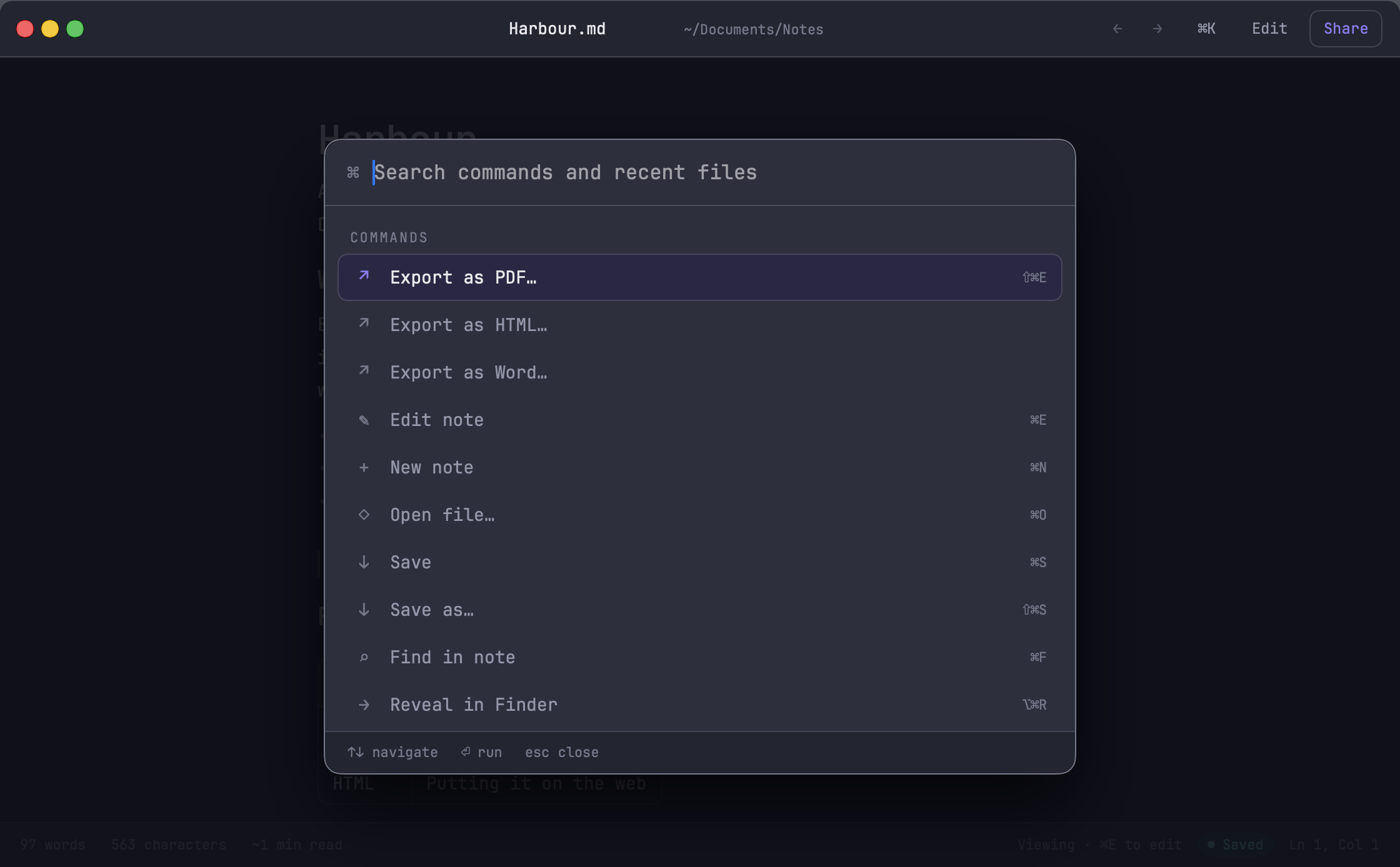 The Noat command palette listing formatting and file commands with their shortcuts