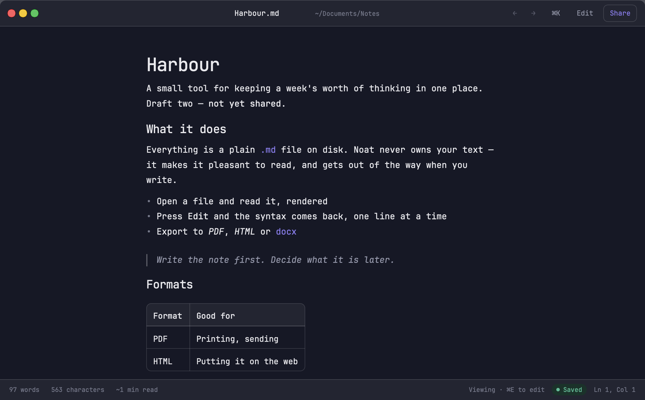 Noat showing a rendered markdown note