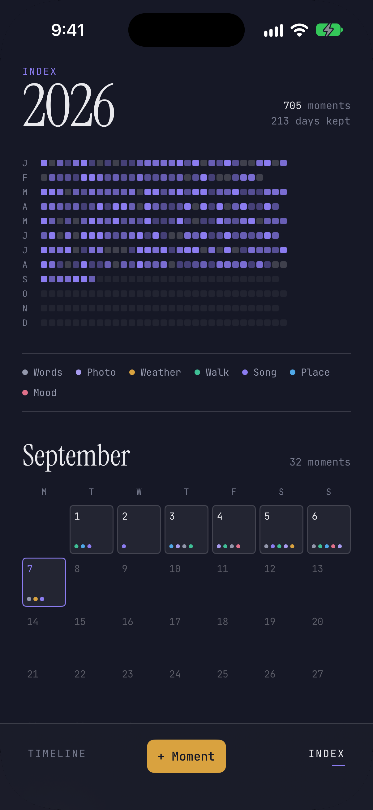 Traces Index: 2026 as a grid of kept days, and September with each day's moments as coloured dots