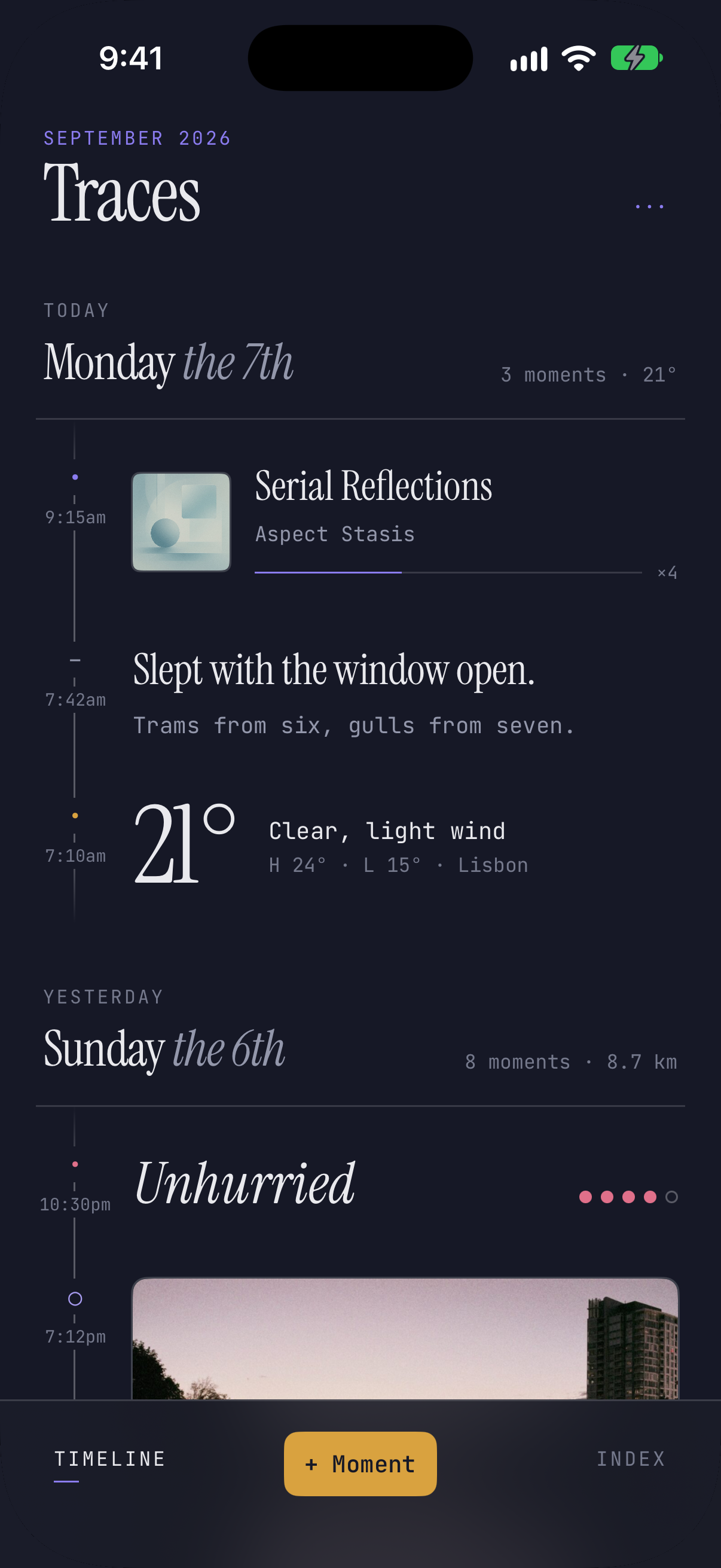 Traces timeline: Monday the 7th with the morning's weather, a line about sleeping with the window open and Serial Reflections by Aspect Stasis, then yesterday's canal at dusk below