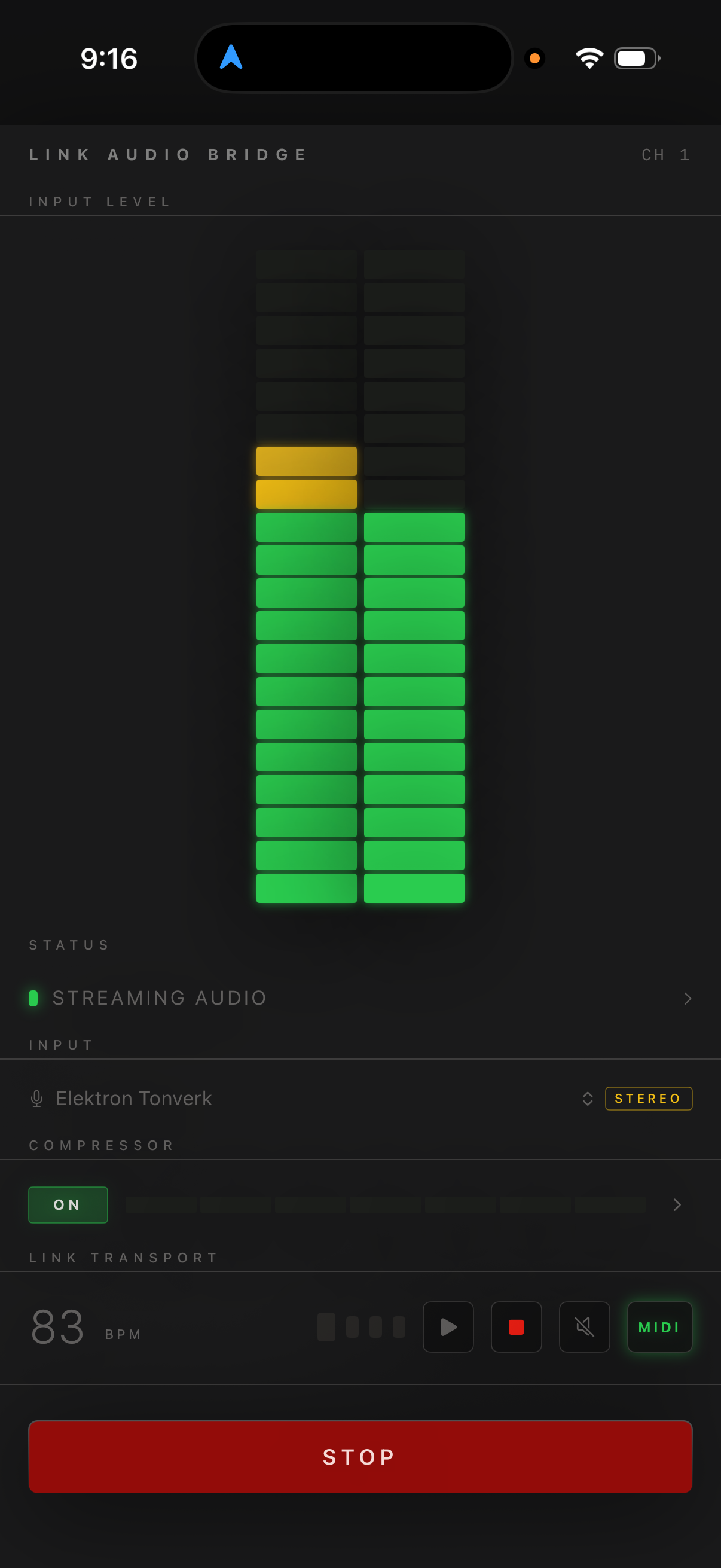 Link Audio Bridge main screen showing live VU meter and Link transport at 83 BPM