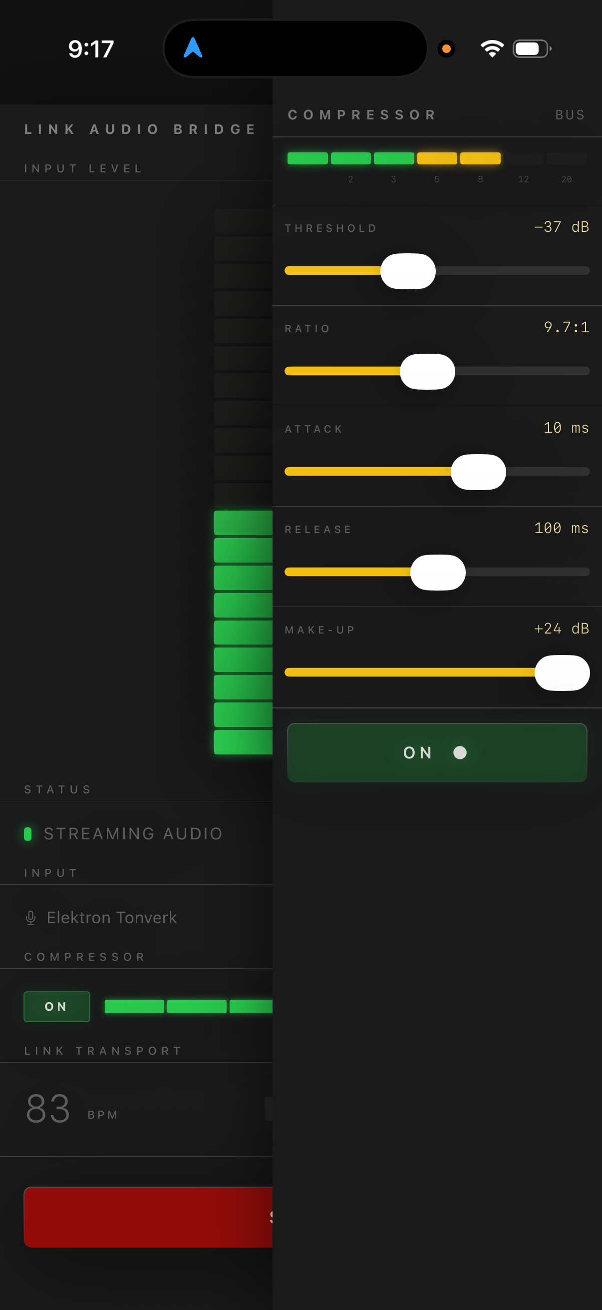 Compressor panel with threshold, ratio, attack, release, and make-up gain sliders