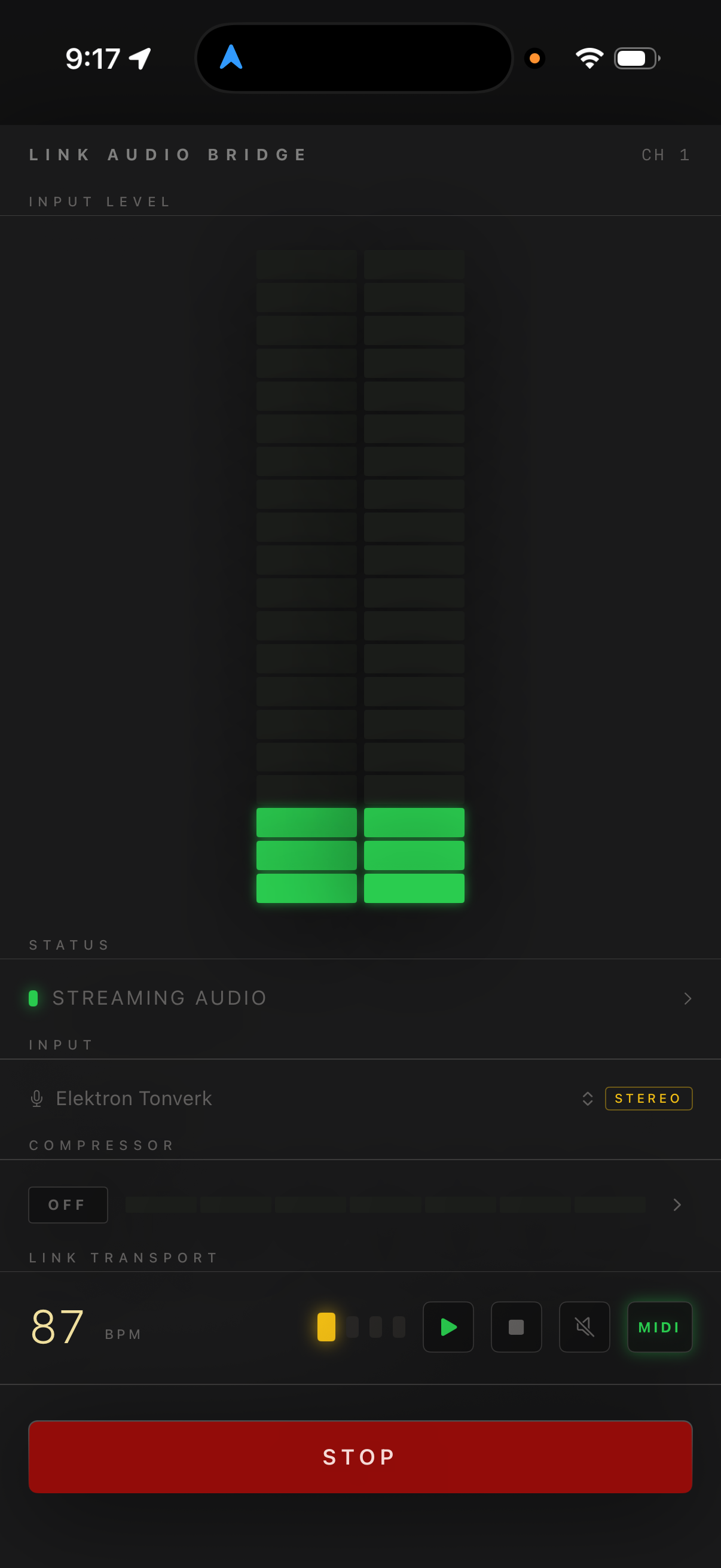 Link transport controls showing 87 BPM with metronome active