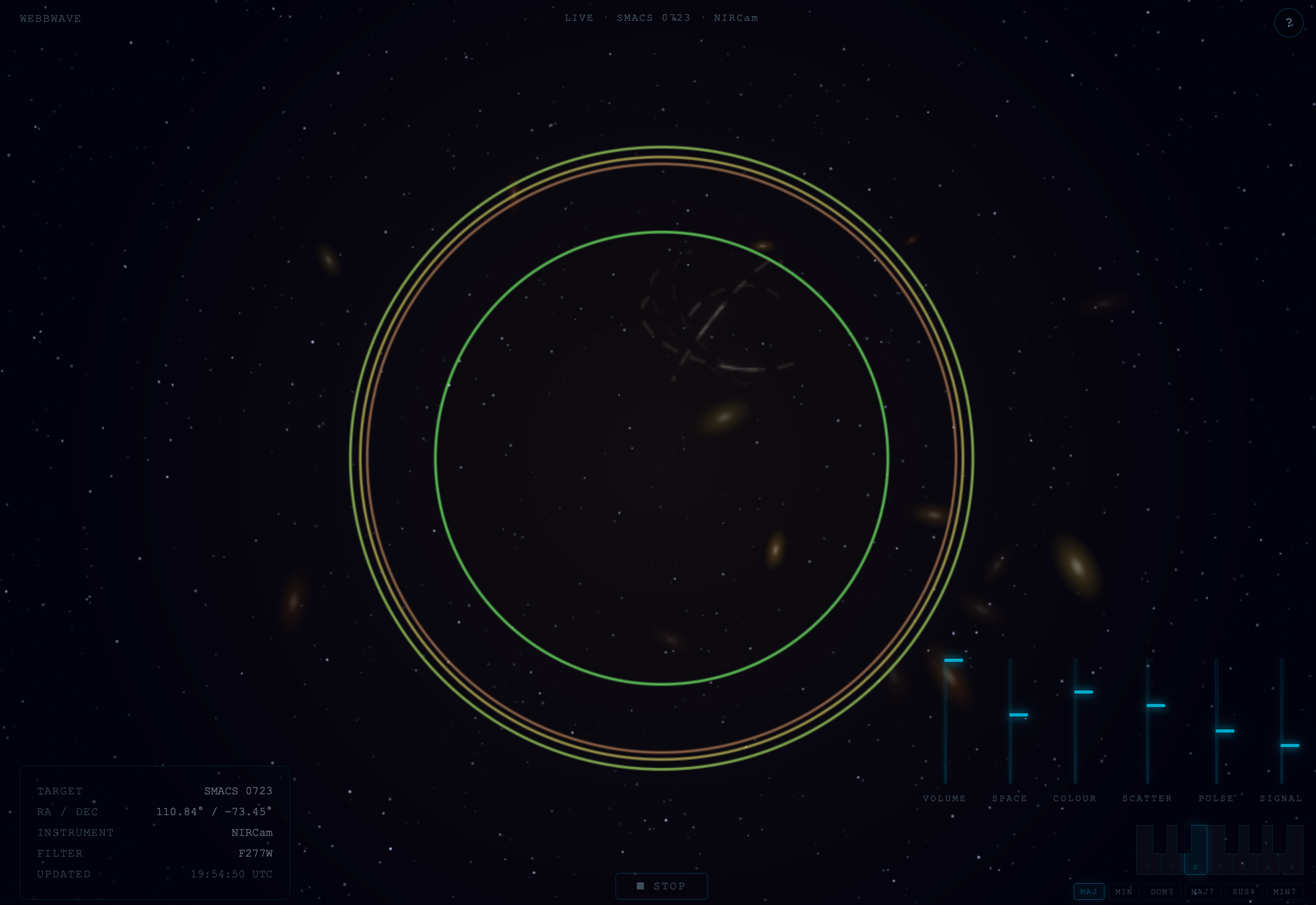 Webbwave interface showing live telescope-powered audio controls and cosmic visuals